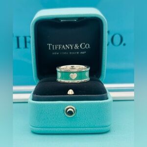 Blue enamel Tiffany Co heart ring Retired Wide Band Ring Size 5